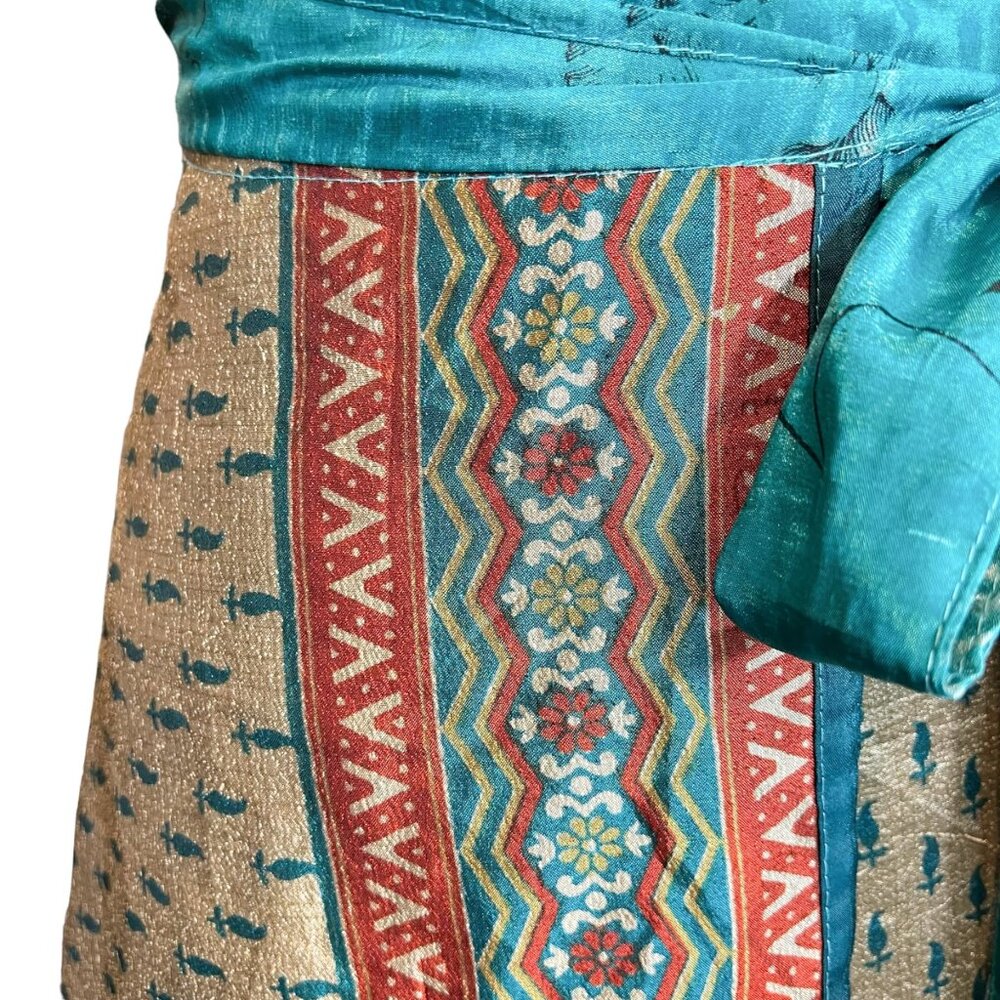 Wevez Wrap Skirt One Size Silk Blend Gold Teal Maroon Boho Womens Tie Waist Midi - Picture 6 of 10